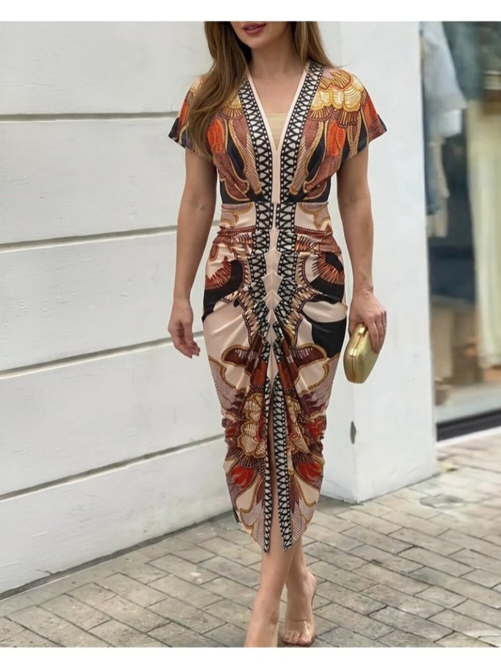 Women Print Brown Polyester Elastane Floral Print V Neck Slit Bodycon Midi Dress - Picture 5 of 6